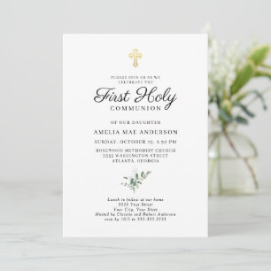 Invitation Première Sainte Communion élégante avec croix doré