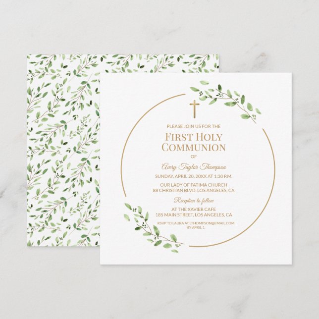Invitation Première Sainte Communion élégante croix dorée ave (Devant / Derrière)