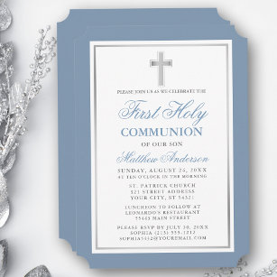Invitation Première Sainte Communion Elégante Dusty Blue Silv