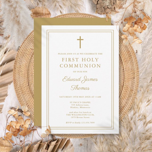 Invitation Première Sainte Communion élégante et moderne avec (Modern Elegant Gold Border First Holy Communion Invitation)