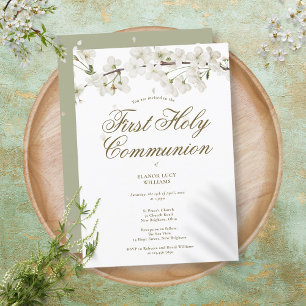 Invitation Première Sainte Communion Élégante Fleur Blanche F