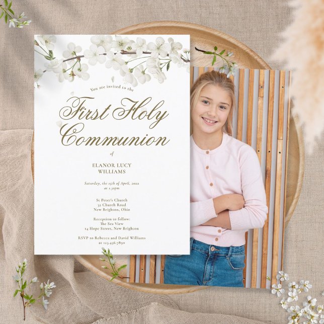 Invitation Première Sainte Communion Élégante Fleur Blanche P (Créateur téléchargé)
