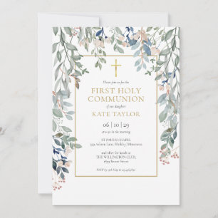 Invitation Première Sainte Communion Élégante Fleurie Or