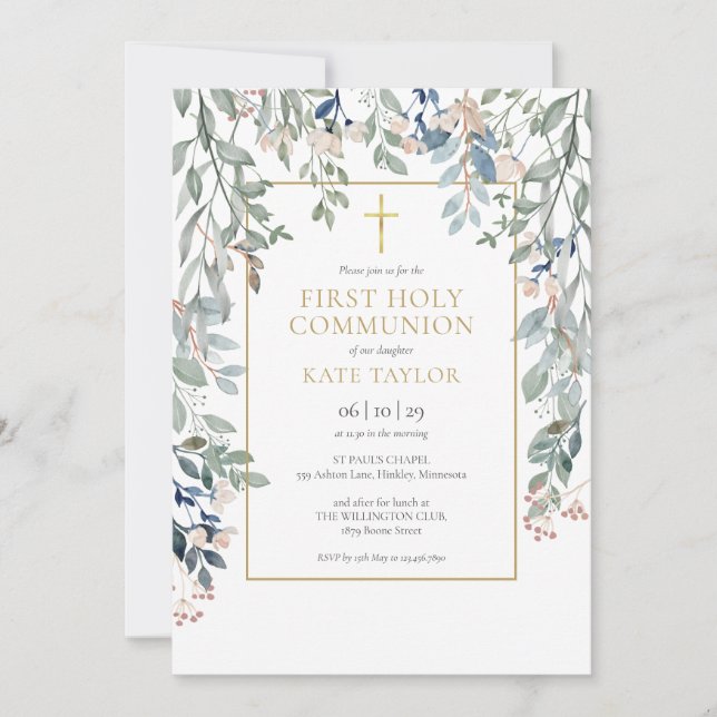 Invitation Première Sainte Communion Élégante Fleurie Or (Devant)
