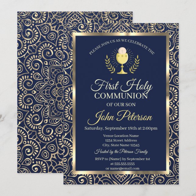 Invitation Première Sainte Communion élégante mandala or bleu (Devant / Derrière)