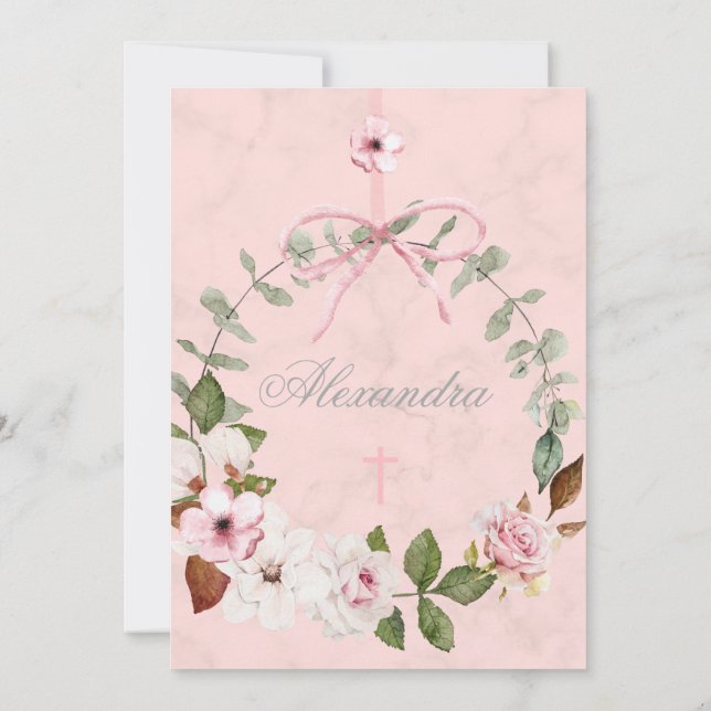 Invitation Première Sainte Communion Élégante Roses Rose Cadr (Dos)