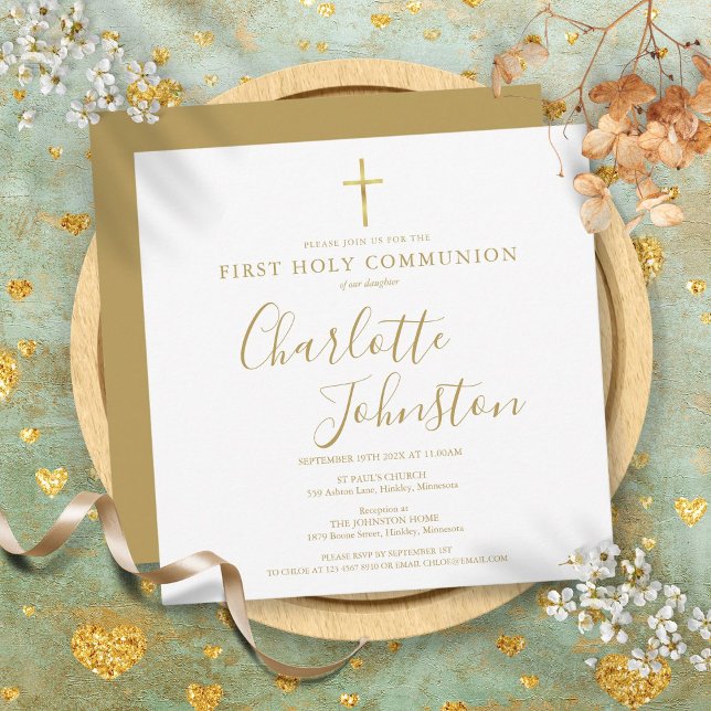 Invitation Première Sainte Communion Élégante Signature Or (First Holy Communion Elegant Gold Signature Invitation)