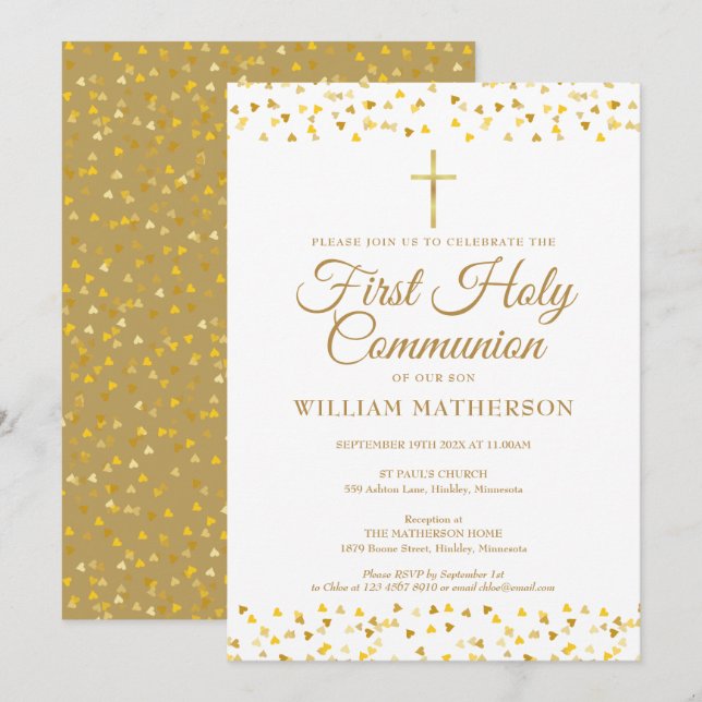 Invitation Première Sainte Communion Élégants Cœurs en Or  (Devant / Derrière)