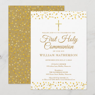 Invitation Première Sainte Communion Élégants Cœurs en Or 