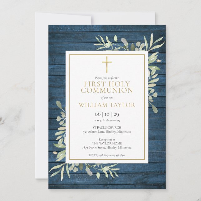 Invitation Première Sainte Communion en Bois Rustique Bleu av (Devant)