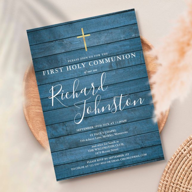 Invitation Première Sainte Communion en Bois Rustique Bleu Sc (Créateur téléchargé)