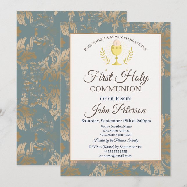 Invitation Première Sainte Communion en damassé vintage  (Devant / Derrière)