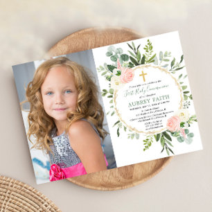 Invitation Première Sainte Communion eucalyptus vert rose