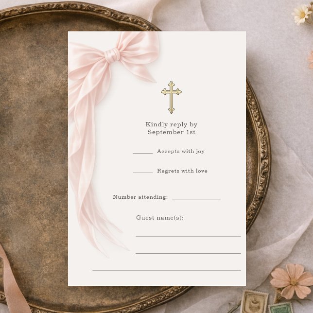 Invitation Première Sainte Communion Fille à Nœud Rose RSVP (Créateur téléchargé)