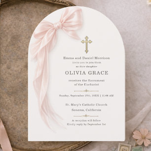 Invitation Première Sainte Communion Fille au Nœud Rose