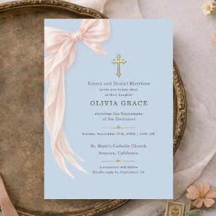 Invitation Première Sainte Communion Fille au Ruban Bleu Bébé
