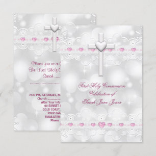 Invitation Première Sainte Communion Fille Blanc Argent
