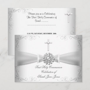 Invitation Première Sainte Communion Fille Blanc Argent