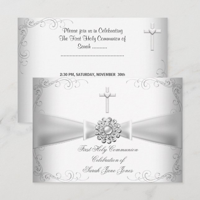 Invitation Première Sainte Communion Fille Blanc Argent (Devant / Derrière)