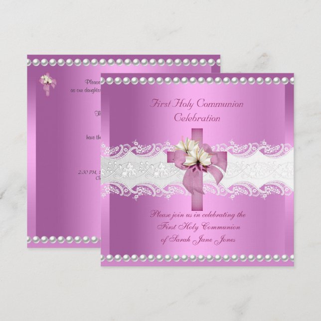 Invitation Première Sainte Communion Fille Blanc Dentelle Ros (Devant / Derrière)