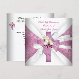 Invitation Première Sainte Communion Fille Blanc Rose