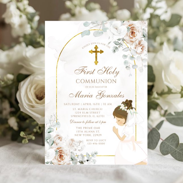 Invitation Première Sainte Communion Fille Croix Dorée Fleuri (Créateur téléchargé)