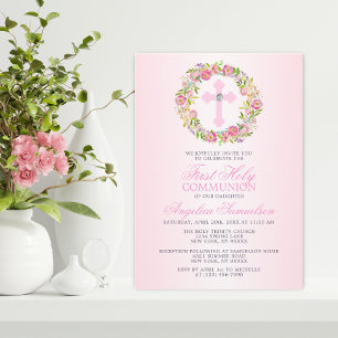 Invitation Première Sainte Communion Fille Croix Florale
