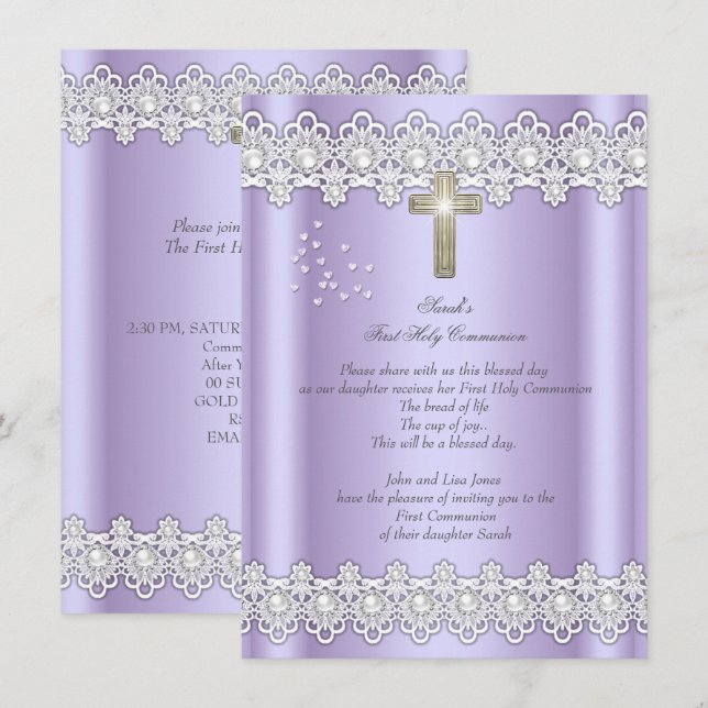 Invitation Première Sainte Communion Fille Croix Lavande Dent (Devant / Derrière)
