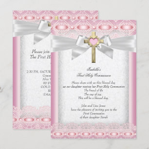 Invitation Première Sainte Communion Fille Croix Rose Dentell