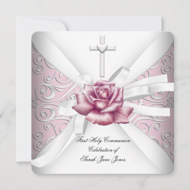 Invitation Première Sainte Communion Fille Damassé Rose Rose  (Devant)