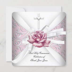 Invitation Première Sainte Communion Fille Damassé Rose Rose 