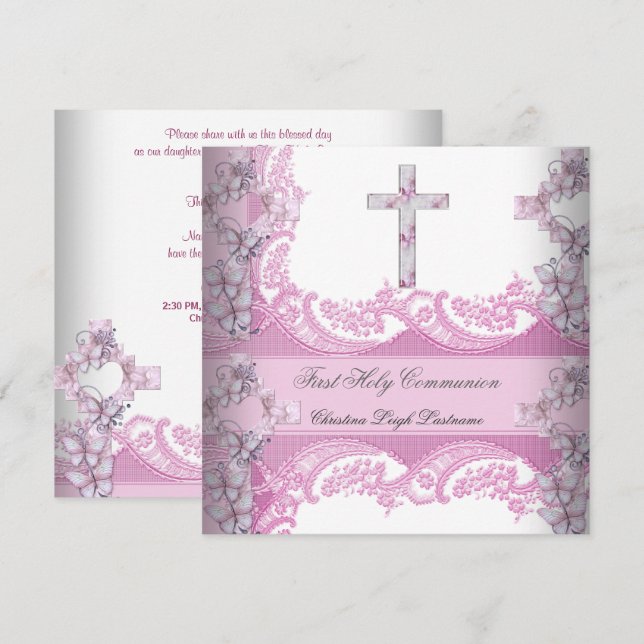 Invitation Première Sainte Communion Fille Dentelle Rose (Devant / Derrière)