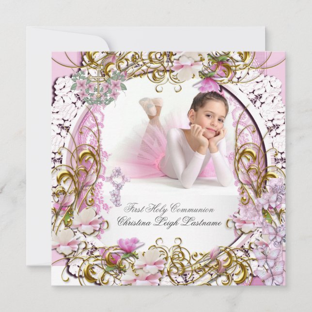Invitation Première Sainte Communion Fille Dentelle Rose Or P (Devant)
