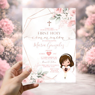 Invitation Première Sainte Communion Fille Mignonne Fleur Ros