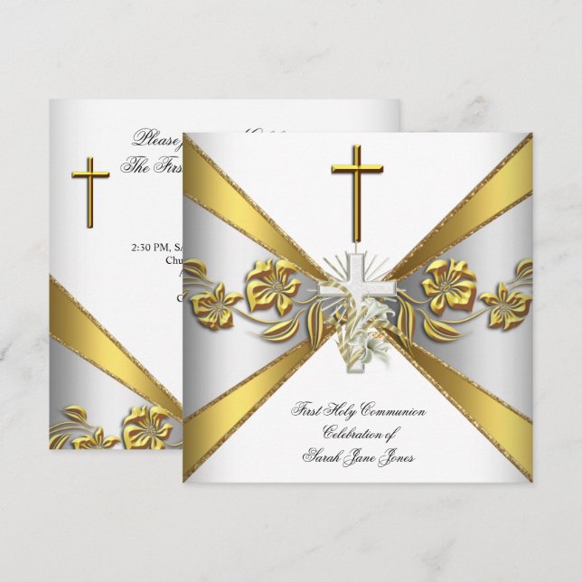 Invitation Première Sainte Communion Fille Or Blanc Floral 2 (Devant / Derrière)