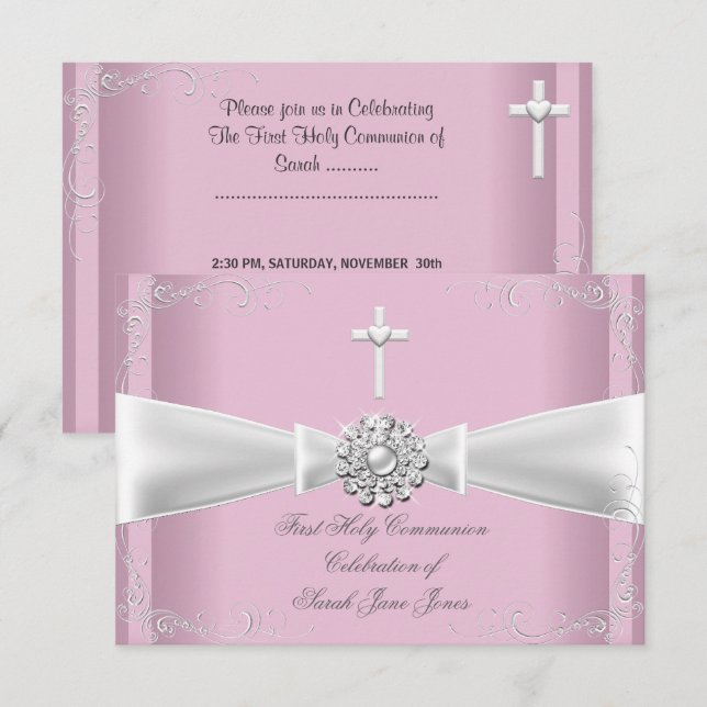 Invitation Première Sainte Communion fille rose Blanc Argent (Devant / Derrière)
