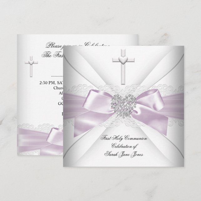 Invitation Première Sainte Communion Fille Rose Blanc Cœur Ar (Devant / Derrière)