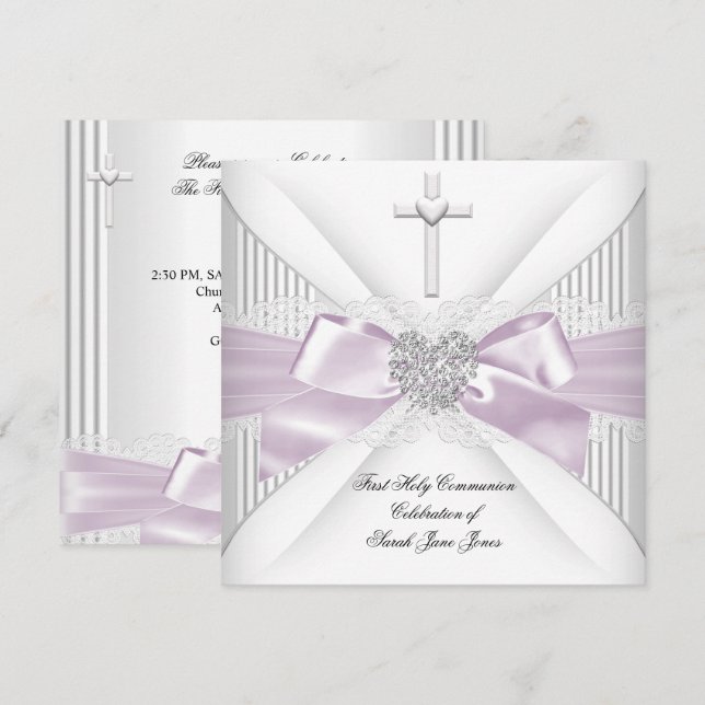 Invitation Première Sainte Communion Fille Rose Blanc Gris Cœ (Devant / Derrière)
