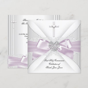 Invitation Première Sainte Communion Fille Rose Blanc Gris Cœ