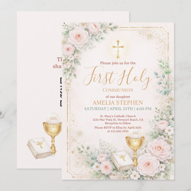 Invitation Première Sainte Communion Fille Rose Floral Or  (Devant / Derrière)