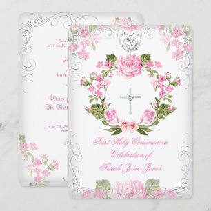 Invitation Première Sainte Communion Fille Rose Floral Vintag