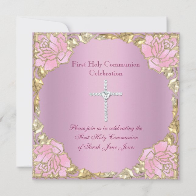Invitation Première Sainte Communion Fille Rose Or Argent Cro (Devant)