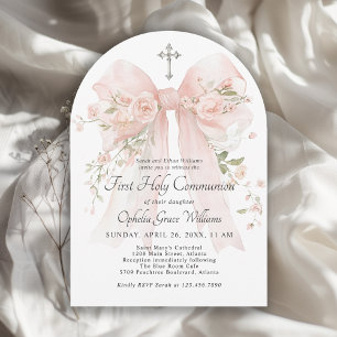 Invitation Première Sainte Communion Fille Ruban Floral Rose