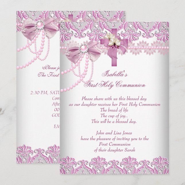 Invitation Première Sainte Communion Filles 1ère Rose Perle D (Devant / Derrière)