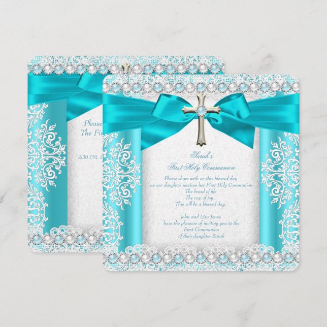 Invitation Première Sainte Communion Filles Blanc Bleu Turquo (Devant / Derrière)