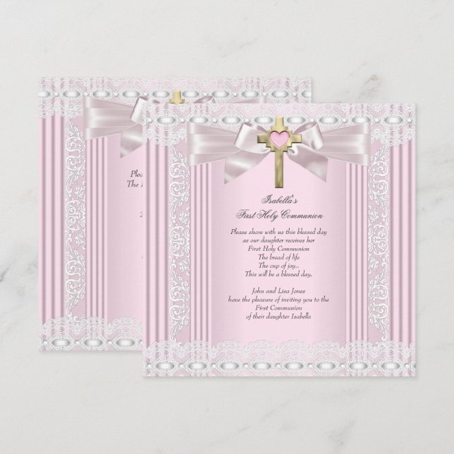 Invitation Première Sainte Communion Filles Croix Rose Dentel (Devant / Derrière)