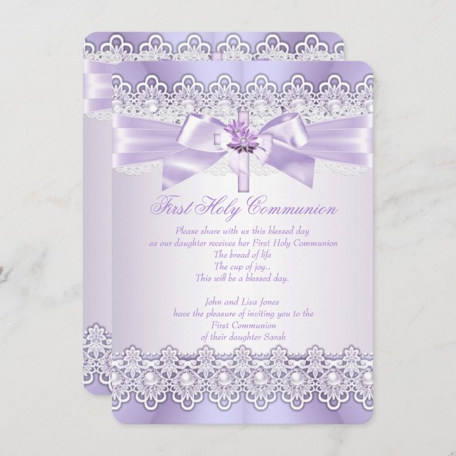 Invitation Première Sainte Communion Filles Lilac Lavender vi (Devant / Derrière)