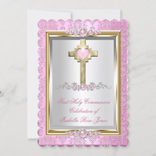 Invitation Première Sainte Communion Filles Pink Pearl Damask
