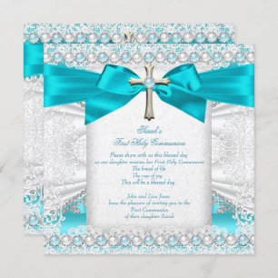 Invitation Première Sainte Communion Filles Turquoise Blue Pe