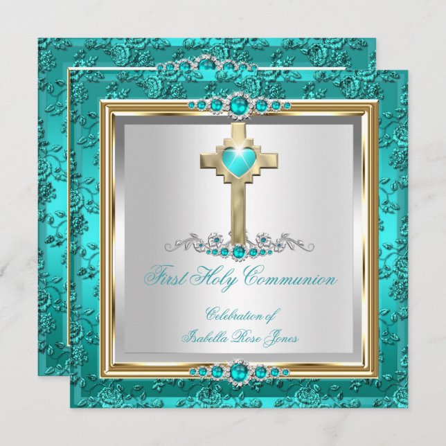 Invitation Première Sainte Communion Filles Turquoise Jade Pe (Devant / Derrière)